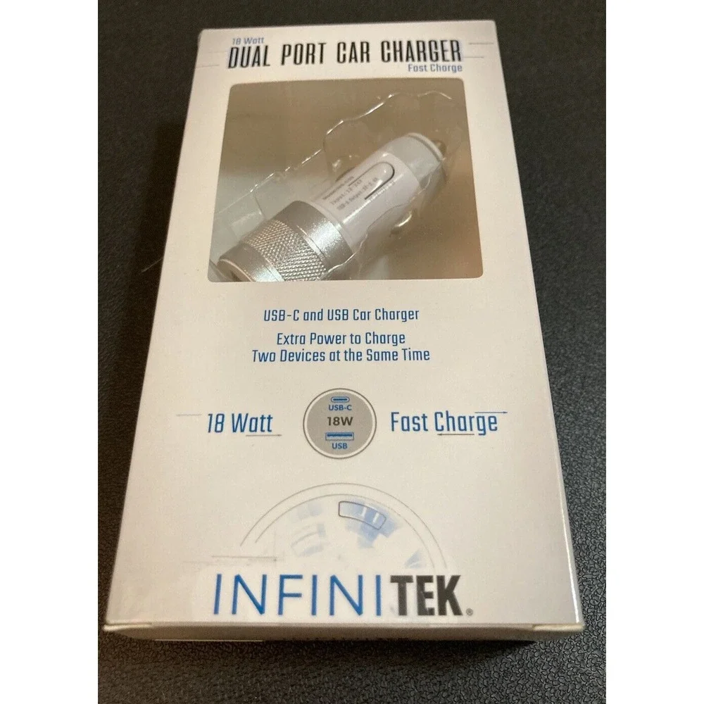 InfiniTek 18W Car Charger USB C Type-C Dual Ports Fast Charging Adapter Kit
